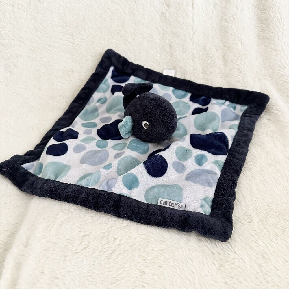Carter's Baby Whale Lovey Security Blanket Navy Blue Trim Polka Dots Plush Toy